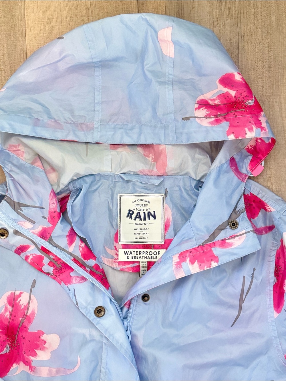 Joules Blue Pink Floral Lightweight Full Zipper Hooded Raincoat Rain Jacket - Picture 3 of 12